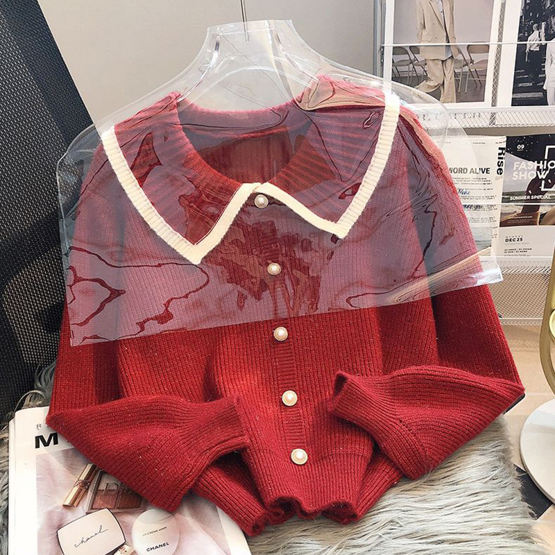Κορεάτικο Sweet Peter Pan γιακά με μονόστομο μαργαριταρένιο κουμπιά Γυναικεία ζακέτα Φθινοπωρινό Χειμώνα Χαλαρά μακρυμάνικα πλεκτά μπλουζάκια