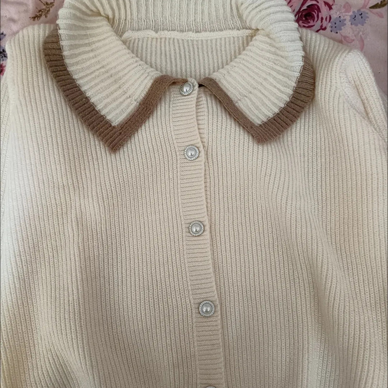 Κορεάτικο Sweet Peter Pan γιακά με μονόστομο μαργαριταρένιο κουμπιά Γυναικεία ζακέτα Φθινοπωρινό Χειμώνα Χαλαρά μακρυμάνικα πλεκτά μπλουζάκια