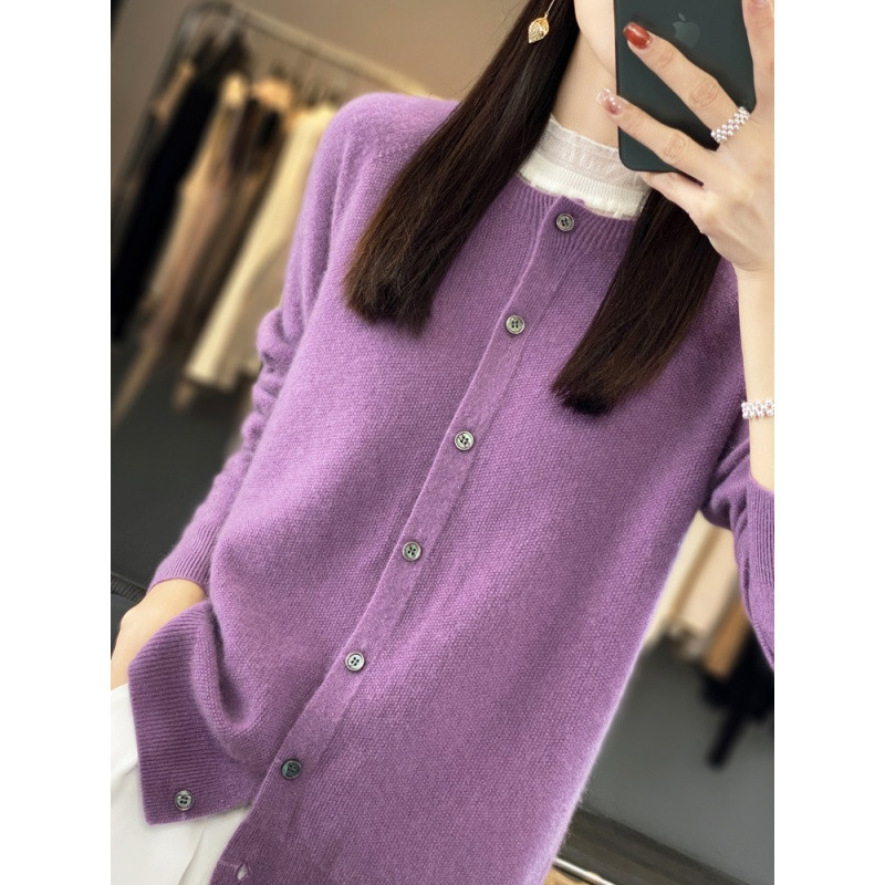 Μακρυμάνικο γυναικείο πλεκτό πλεκτό κασμίρ 100% αγνό μαλλί Merino Άνοιξη φθινοπωρινό μπλουζάκι με λαιμόκοψη Ζακέτα πουλόβερ