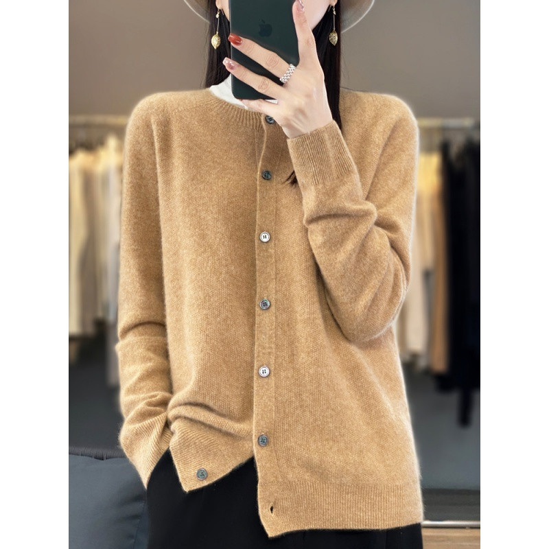 Μακρυμάνικο γυναικείο πλεκτό πλεκτό κασμίρ 100% αγνό μαλλί Merino Άνοιξη φθινοπωρινό μπλουζάκι με λαιμόκοψη Ζακέτα πουλόβερ