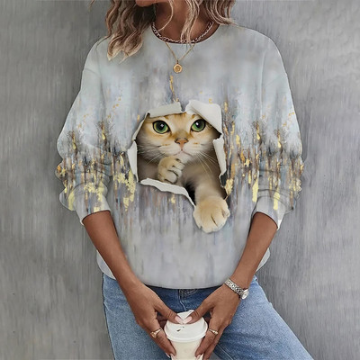 Kitten Naiste kapuutsid Sügis Uus Pullover Pusad Naiste Mood Vabaaja Naiste Kass Print Tops O Kaelus Lahedad puuvillased rõivad