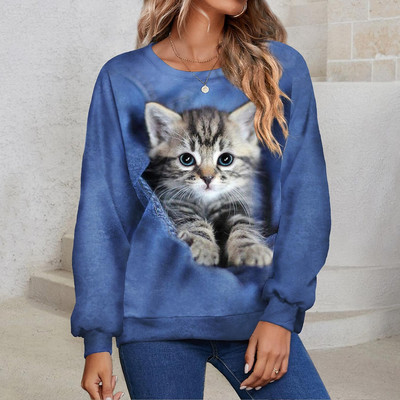 Kitten Naiste kapuutsid Sügis Uus Pullover Pusad Naiste Mood Vabaaja Naiste Kass Print Tops O Kaelus Lahedad puuvillased rõivad