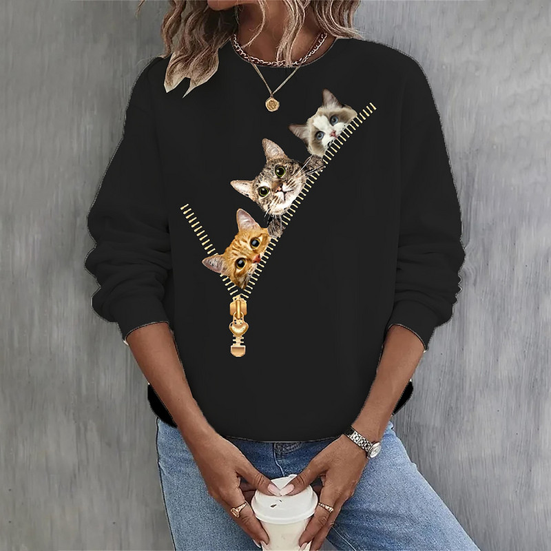 Kitten Naiste kapuutsid Sügis Uus Pullover Pusad Naiste Mood Vabaaja Naiste Kass Print Tops O Kaelus Lahedad puuvillased rõivad