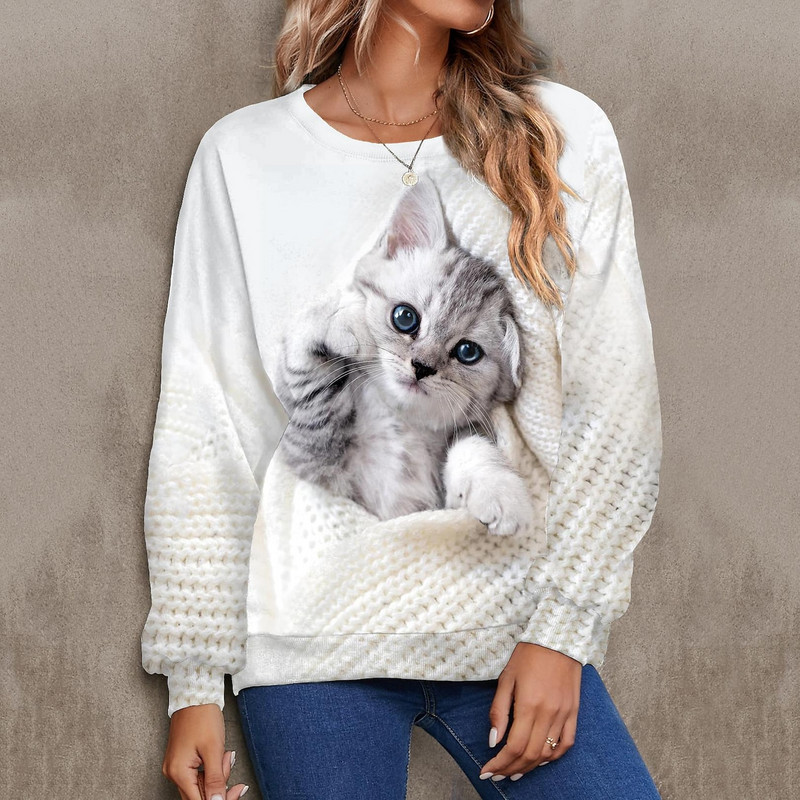 Kitten Naiste kapuutsid Sügis Uus Pullover Pusad Naiste Mood Vabaaja Naiste Kass Print Tops O Kaelus Lahedad puuvillased rõivad