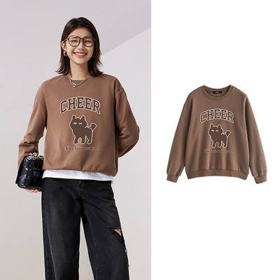 Γυναικεία βελούδινη μπλούζα Toyouth 2023 Χειμερινό μακρυμάνικο O λαιμό Φαρδιά φούτερ με κουκούλα με στάμπα γάτας Chic καφέ πράσινο κόκκινο πουλόβερ