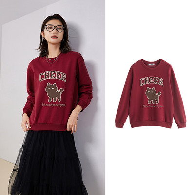 Γυναικεία βελούδινη μπλούζα Toyouth 2023 Χειμερινό μακρυμάνικο O λαιμό Φαρδιά φούτερ με κουκούλα με στάμπα γάτας Chic καφέ πράσινο κόκκινο πουλόβερ