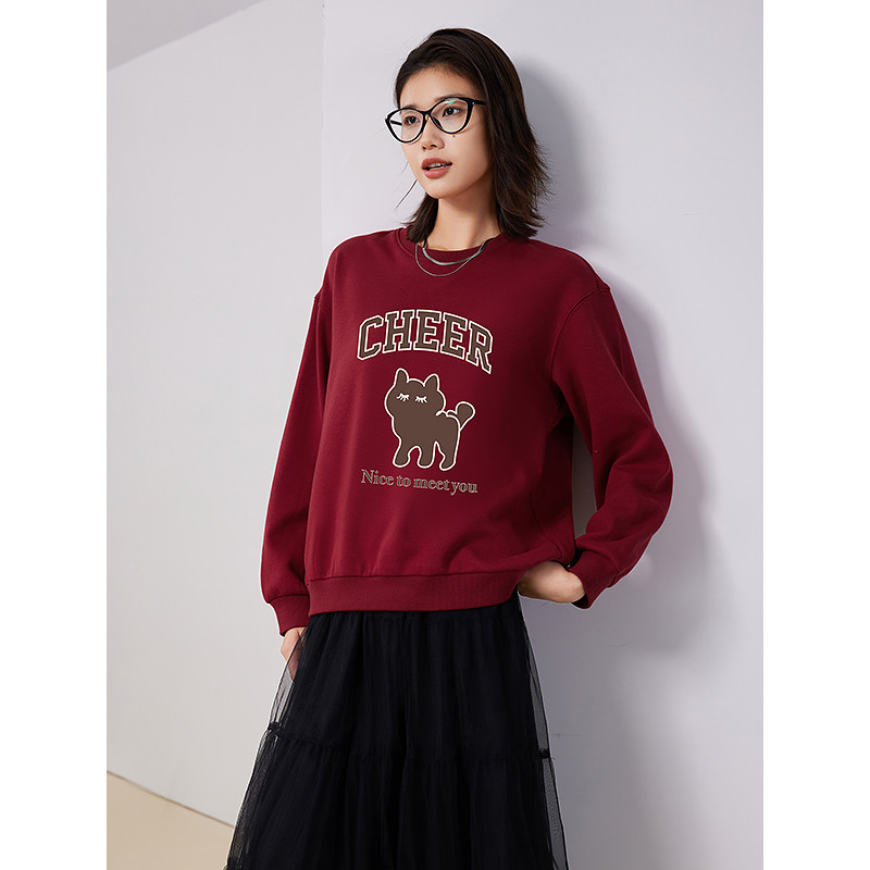 Γυναικεία βελούδινη μπλούζα Toyouth 2023 Χειμερινό μακρυμάνικο O λαιμό Φαρδιά φούτερ με κουκούλα με στάμπα γάτας Chic καφέ πράσινο κόκκινο πουλόβερ