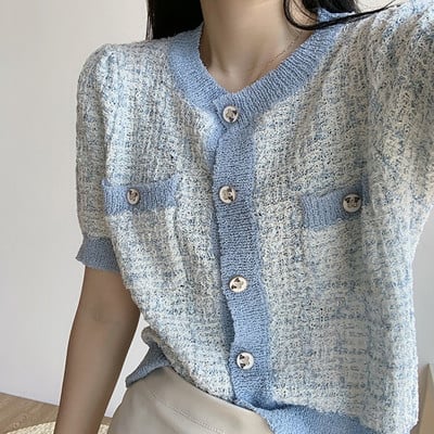 Sarebon-Γυναικεία πλεκτή κοντομάνικη ζακέτα, στρογγυλή λαιμόκοψη, Summer Love Button, 3 Χρώματα, Απλό, 2023