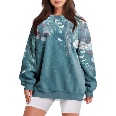 Νέα φούτερ για γυναίκες για φθινόπωρο/χειμώνα Casual φλοράλ στάμπα Φαρδιά μπλούζα μπλούζα με μακρυμάνικο μπουφάν με στρογγυλή τσέπη 한국 동대문 가을