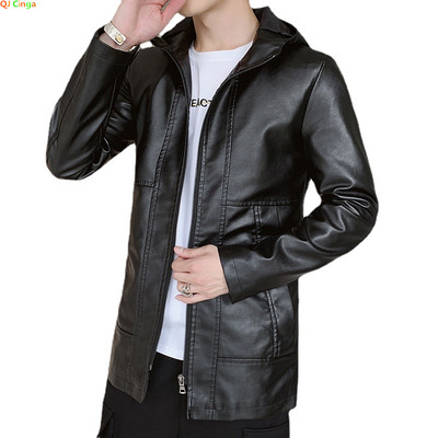 Crna PU jakna Muške modne kožne jakne s kapuljačom Tanki muški kaputi Jesen i zima Muška vjetrovka Kaput