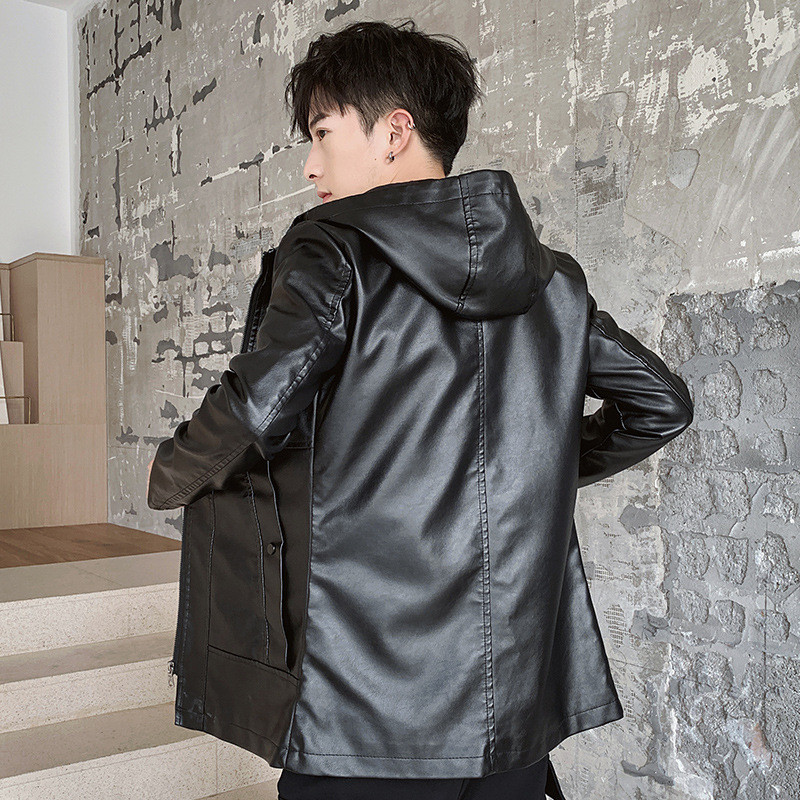 Crna PU jakna Muške modne kožne jakne s kapuljačom Tanki muški kaputi Jesen i zima Muška vjetrovka Kaput