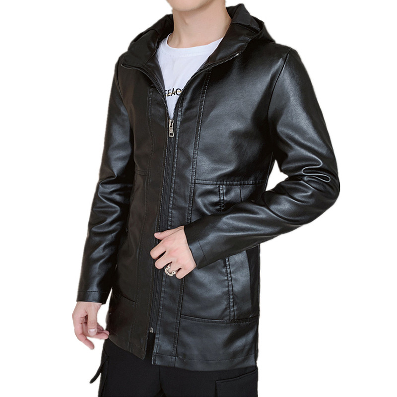 Crna PU jakna Muške modne kožne jakne s kapuljačom Tanki muški kaputi Jesen i zima Muška vjetrovka Kaput