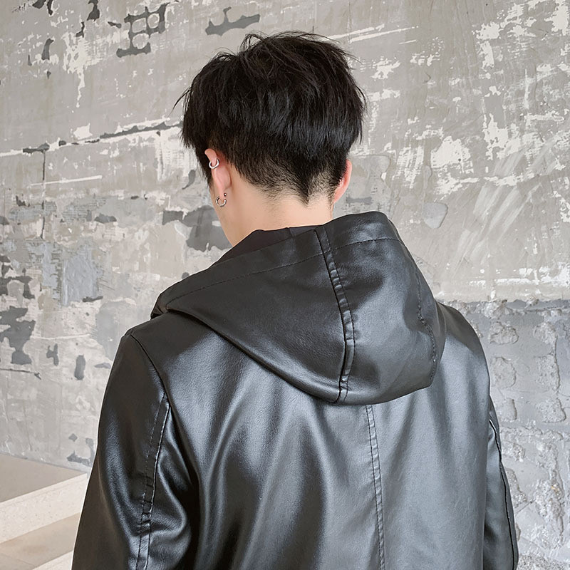 Crna PU jakna Muške modne kožne jakne s kapuljačom Tanki muški kaputi Jesen i zima Muška vjetrovka Kaput