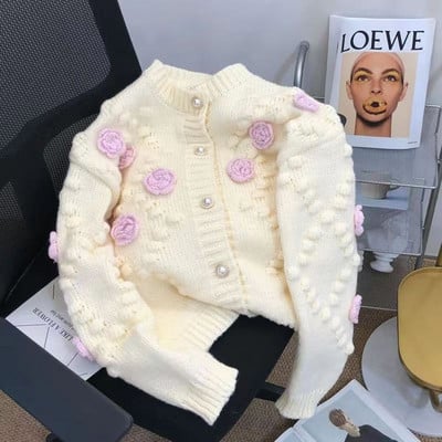 2023 Γυναικεία πλεκτή ζακέτα Άνοιξη Φθινοπωρινό μακρυμάνικο λουλούδι Μόδα πάνω από λαιμόκοψη Πουλόβερ Casual Loose Ζακέτες Chic I06