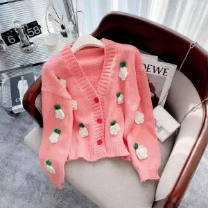 New Arrival Fashion Cardigan Φθινοπωρινό Νέο ζεστό μαλακό κέρινο προηγμένο πουλόβερ Κεντημένο τρισδιάστατο ροζ πλεκτό μπλουζάκι