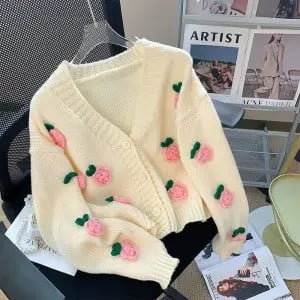 New Arrival Fashion Cardigan Φθινοπωρινό Νέο ζεστό μαλακό κέρινο προηγμένο πουλόβερ Κεντημένο τρισδιάστατο ροζ πλεκτό μπλουζάκι