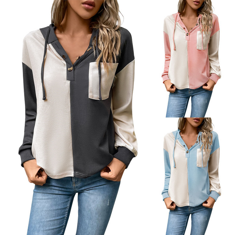 Γυναικείο μπλουζάκι μόδας με κουμπιά V-λαιμόκοψης σύγκρουσης χρώματος με κουκούλα και μακρυμάνικο διακοσμημένο φούτερ υψηλής ποιότητας πουλόβερ Sudaderas