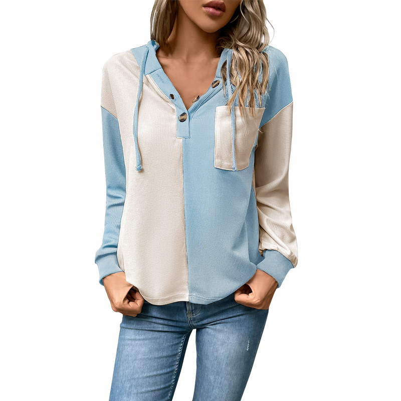 Γυναικείο μπλουζάκι μόδας με κουμπιά V-λαιμόκοψης σύγκρουσης χρώματος με κουκούλα και μακρυμάνικο διακοσμημένο φούτερ υψηλής ποιότητας πουλόβερ Sudaderas