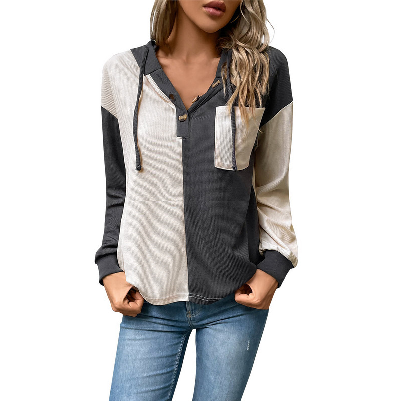 Γυναικείο μπλουζάκι μόδας με κουμπιά V-λαιμόκοψης σύγκρουσης χρώματος με κουκούλα και μακρυμάνικο διακοσμημένο φούτερ υψηλής ποιότητας πουλόβερ Sudaderas