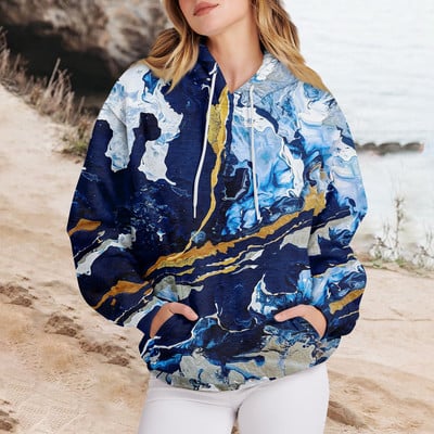 Γυναικεία ρούχα Casual Fashion Πουλόβερ Μάρμαρο με στάμπα με μακριά μανίκια, φαρδιά κορδόνια, υψηλής ποιότητας φούτερ με κουκούλα