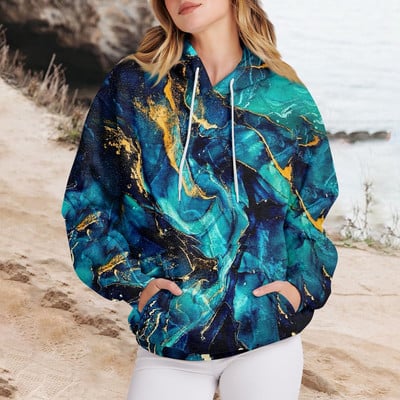 Γυναικεία ρούχα Casual Fashion Πουλόβερ Μάρμαρο με στάμπα με μακριά μανίκια, φαρδιά κορδόνια, υψηλής ποιότητας φούτερ με κουκούλα