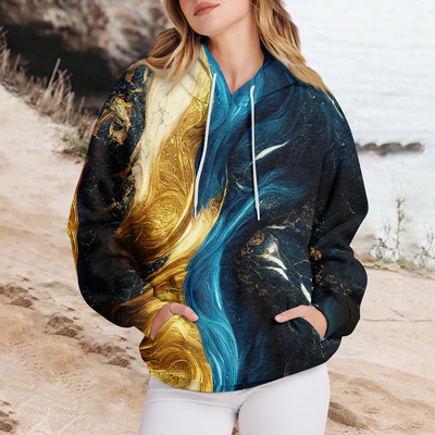 Γυναικεία ρούχα Casual Fashion Πουλόβερ Μάρμαρο με στάμπα με μακριά μανίκια, φαρδιά κορδόνια, υψηλής ποιότητας φούτερ με κουκούλα