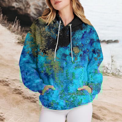 Γυναικεία ρούχα Casual Fashion Πουλόβερ Μάρμαρο με στάμπα με μακριά μανίκια, φαρδιά κορδόνια, υψηλής ποιότητας φούτερ με κουκούλα