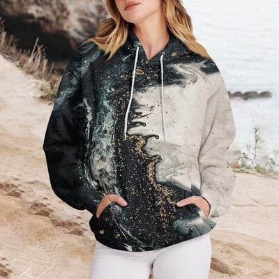 Γυναικεία ρούχα Casual Fashion Πουλόβερ Μάρμαρο με στάμπα με μακριά μανίκια, φαρδιά κορδόνια, υψηλής ποιότητας φούτερ με κουκούλα