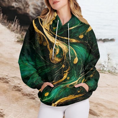 Γυναικεία ρούχα Casual Fashion Πουλόβερ Μάρμαρο με στάμπα με μακριά μανίκια, φαρδιά κορδόνια, υψηλής ποιότητας φούτερ με κουκούλα