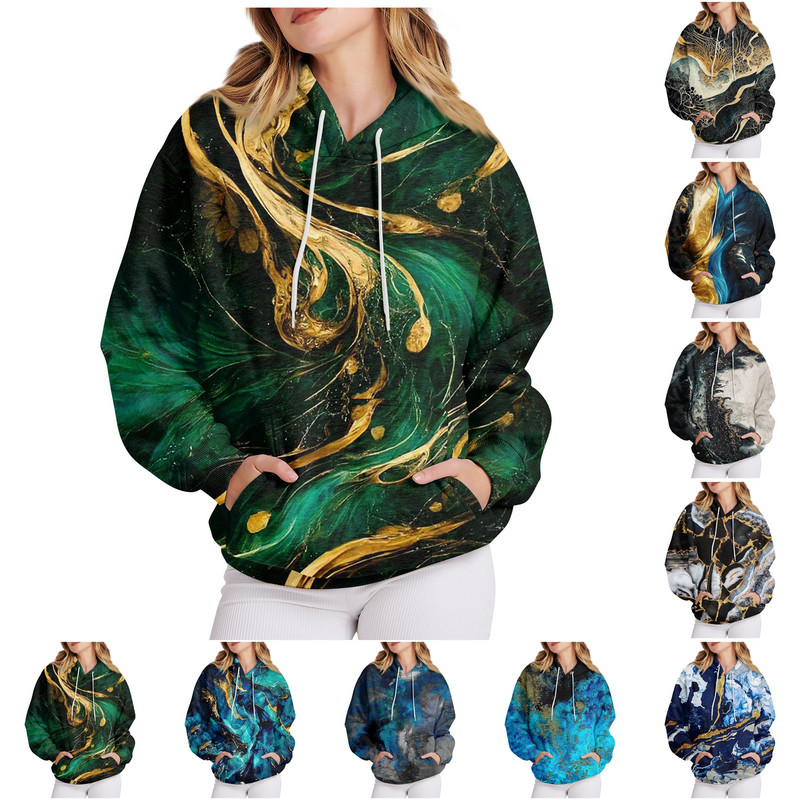 Γυναικεία ρούχα Casual Fashion Πουλόβερ Μάρμαρο με στάμπα με μακριά μανίκια, φαρδιά κορδόνια, υψηλής ποιότητας φούτερ με κουκούλα