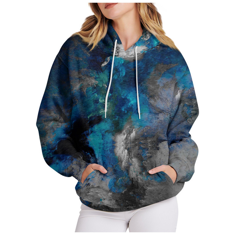 Γυναικεία ρούχα Casual Fashion Πουλόβερ Μάρμαρο με στάμπα με μακριά μανίκια, φαρδιά κορδόνια, υψηλής ποιότητας φούτερ με κουκούλα