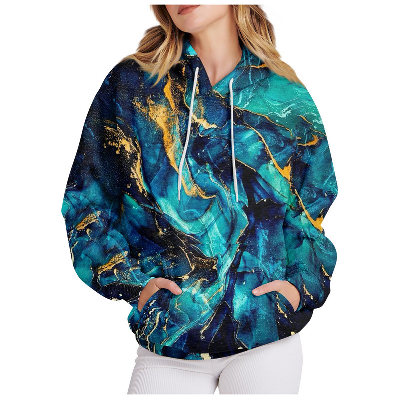 Γυναικεία ρούχα Casual Fashion Πουλόβερ Μάρμαρο με στάμπα με μακριά μανίκια, φαρδιά κορδόνια, υψηλής ποιότητας φούτερ με κουκούλα