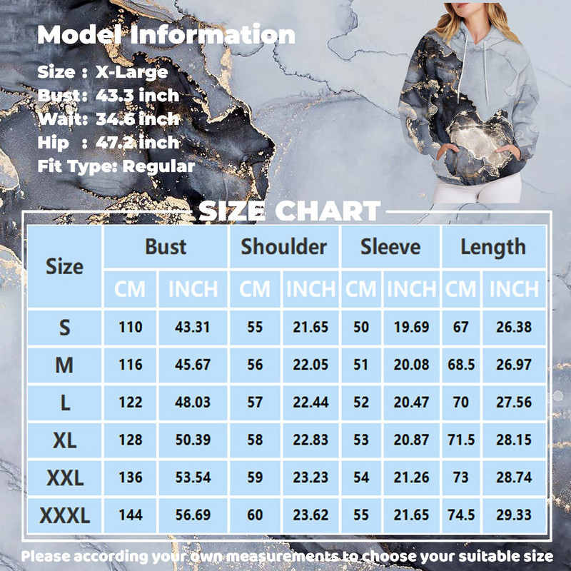 Γυναικεία ρούχα Casual Fashion Πουλόβερ Μάρμαρο με στάμπα με μακριά μανίκια, φαρδιά κορδόνια, υψηλής ποιότητας φούτερ με κουκούλα