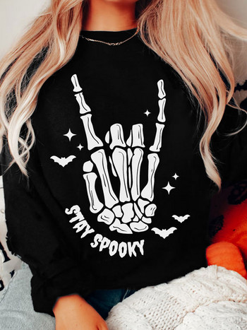 2023 Есен Зима Хелоуин Stay Spooky Skeleton Суитшърт за ръце Цвят Едноцветни горнища Streetwear Дамски готини улични топли пуловери