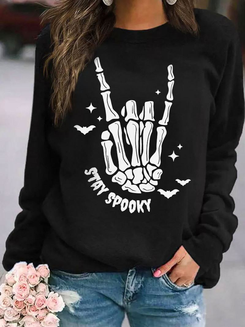 2023. Jesen Zima Noć vještica Stay Spooky Skeleton Hand Sweatshirt Color Jednobojni gornji dijelovi Ulična odjeća Ženski cool ulični topli puloveri