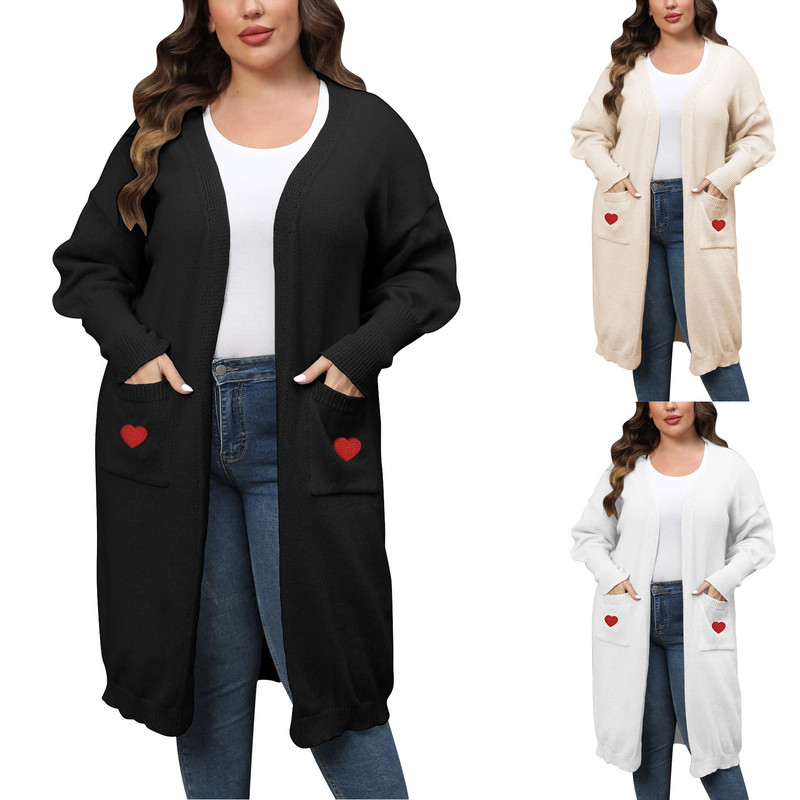 Γυναικείο Πλεκτό Πλεκτό Πουλόβερ Σχέδιο Καρδιά Διπλό Μανίκι Τσέπη Ζακέτα Πουλόβερ Ζακέτα Duster