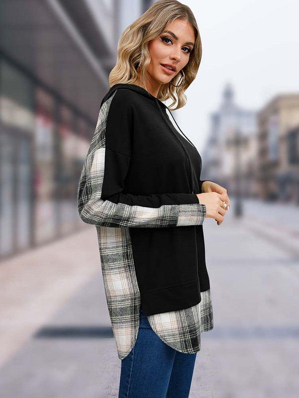 Κομψά καρό γυναικεία κουκούλα με μακρυμάνικο, τοπ μοδάτα πουλόβερ φθινόπωρο Χειμώνας Νέα σε φούτερ και φούτερ 2023