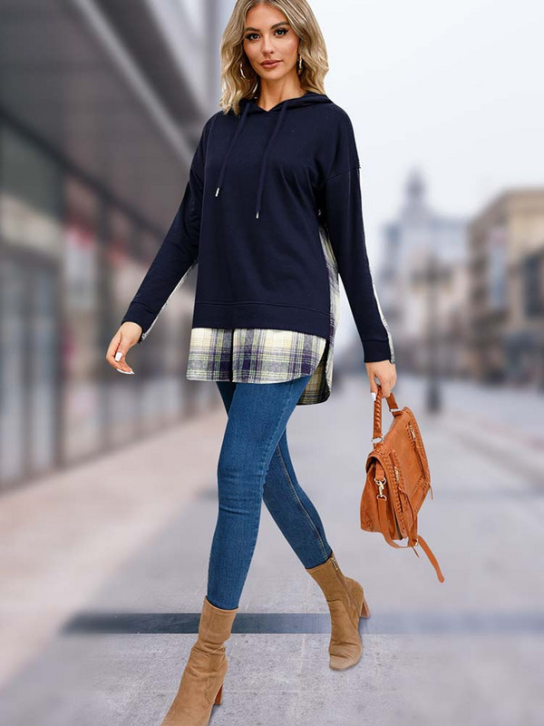 Κομψά καρό γυναικεία κουκούλα με μακρυμάνικο, τοπ μοδάτα πουλόβερ φθινόπωρο Χειμώνας Νέα σε φούτερ και φούτερ 2023