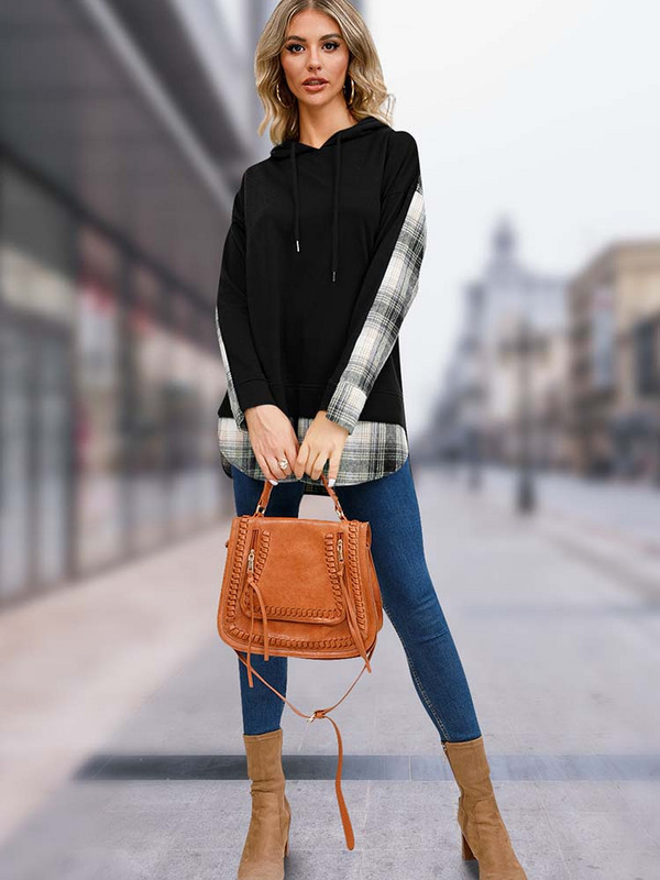 Κομψά καρό γυναικεία κουκούλα με μακρυμάνικο, τοπ μοδάτα πουλόβερ φθινόπωρο Χειμώνας Νέα σε φούτερ και φούτερ 2023