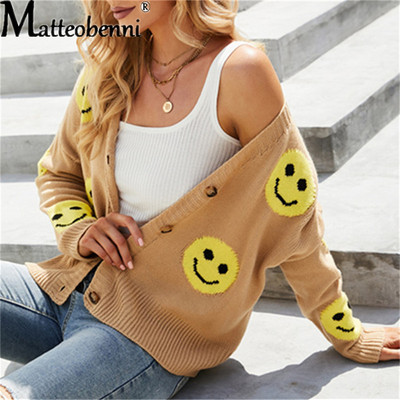 Μόδα Smiley Γυναικείο Πλεκτό Ζακέτα Φθινοπωρινό μακρυμάνικο Φαρδύ πουλόβερ Γυναικεία με κουμπιά V με λαιμόκοψη Ζεστά ρούχα Oversized μπλουζάκια