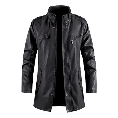 Nove zimske duge PU kožne jakne Muške vjetrovke s ovratnikom i umjetnom gornjom odjećom Motociklistički ležerni topli kožni kaputi Muška odjeća