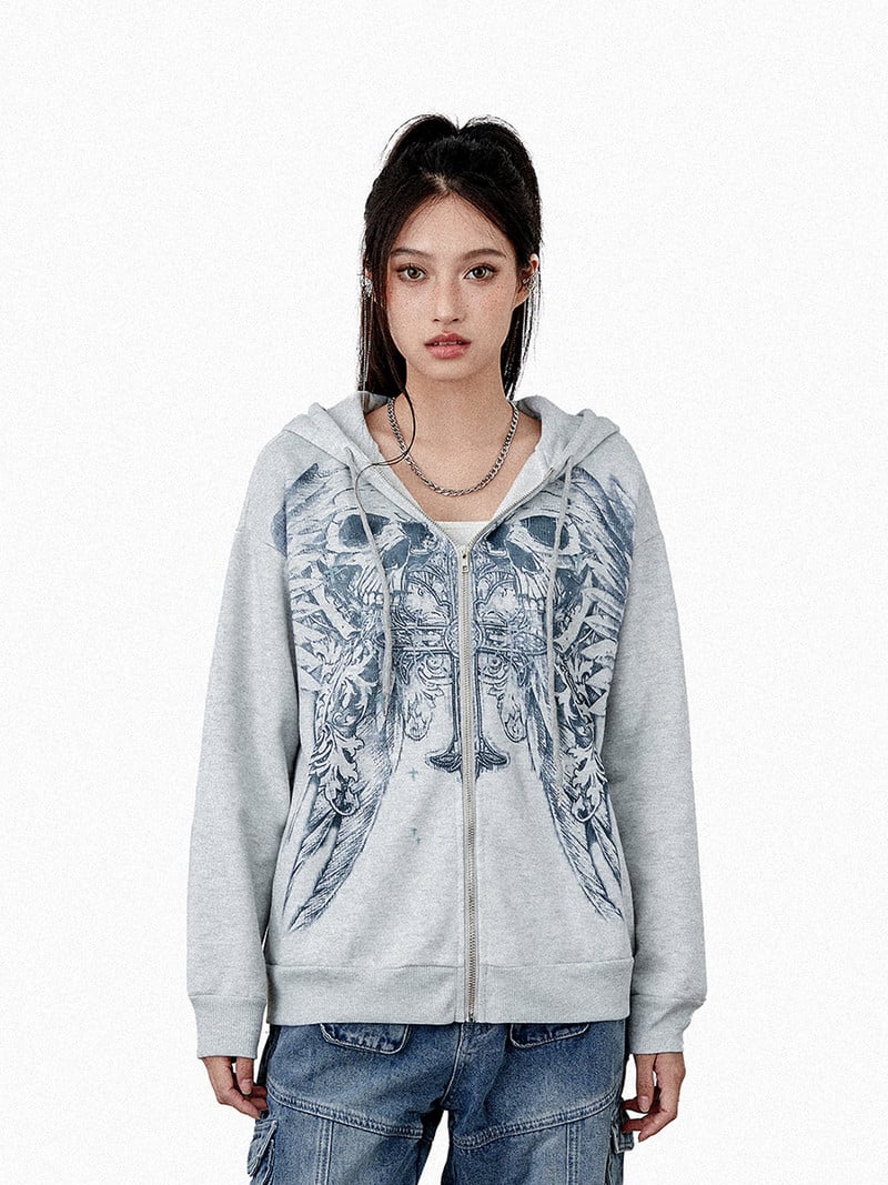 Γυναικείες κουκούλες με φερμουάρ vintage στάμπα Y2K Φούτερ με μακρυμάνικο υπερμεγέθη με κουκούλα Fairy Grunge Gothic Jacket Streetwear