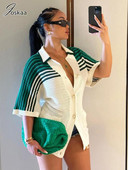 Joskaa πλεκτό ριγέ συνονθύλευμα πουλόβερ Ζακέτα Γυναικεία casual πέτο με κοντό μανίκι μονόστηθο μπλουζάκια φθινόπωρο 2023 Streetwear