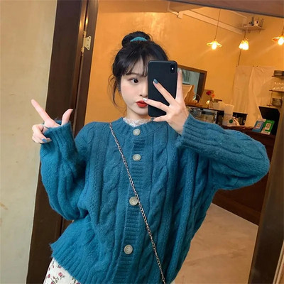Κορεάτικη μόδα με λαιμόκοψη Ο μονόστηθος Γυναικεία ζακέτα Φθινοπωρινό Χειμώνα Χοντρό ζεστό πλεκτό πουλόβερ Νέο μαλακό μακρυμάνικο μπλουζάκι παντός τύπου