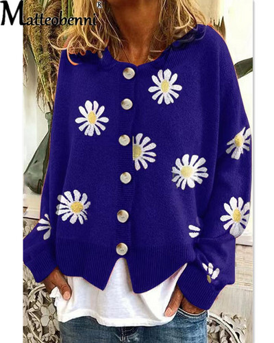Φθινόπωρο Χειμώνας 2022 Νέα πλεκτά πουλόβερ με λουλούδια με στάμπα Γυναικεία παλτό Harajuku Cardigan Γυναικεία μπλουζάκια με χαλαρά κουμπιά
