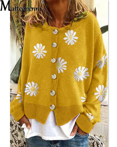 Φθινόπωρο Χειμώνας 2022 Νέα πλεκτά πουλόβερ με λουλούδια με στάμπα Γυναικεία παλτό Harajuku Cardigan Γυναικεία μπλουζάκια με χαλαρά κουμπιά