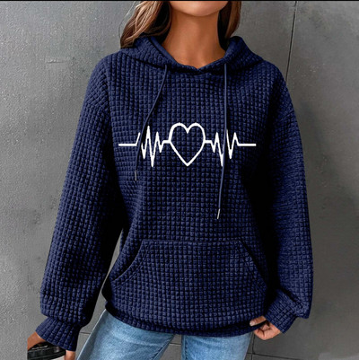 Jesensko-zimske majice s kapuljačom, ženske duge rukave, ležerna majica s uzicom, retrowaffle trendi ulična odjeća s džepom hudi oversajz