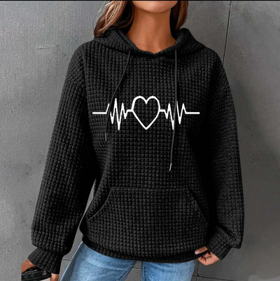 Jesensko-zimske majice s kapuljačom, ženske duge rukave, ležerna majica s uzicom, retrowaffle trendi ulična odjeća s džepom hudi oversajz