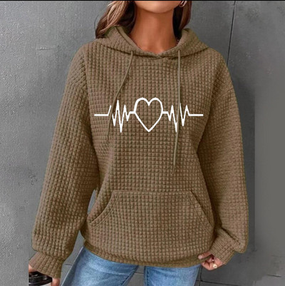 Jesensko-zimske majice s kapuljačom, ženske duge rukave, ležerna majica s uzicom, retrowaffle trendi ulična odjeća s džepom hudi oversajz