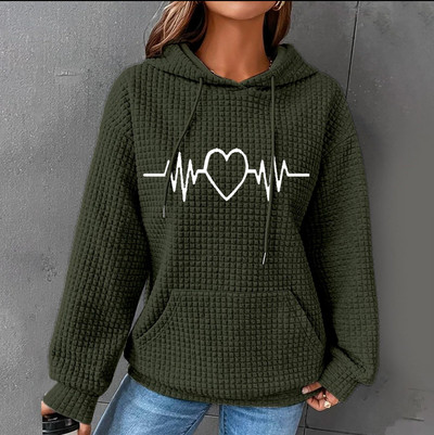 Jesensko-zimske majice s kapuljačom, ženske duge rukave, ležerna majica s uzicom, retrowaffle trendi ulična odjeća s džepom hudi oversajz